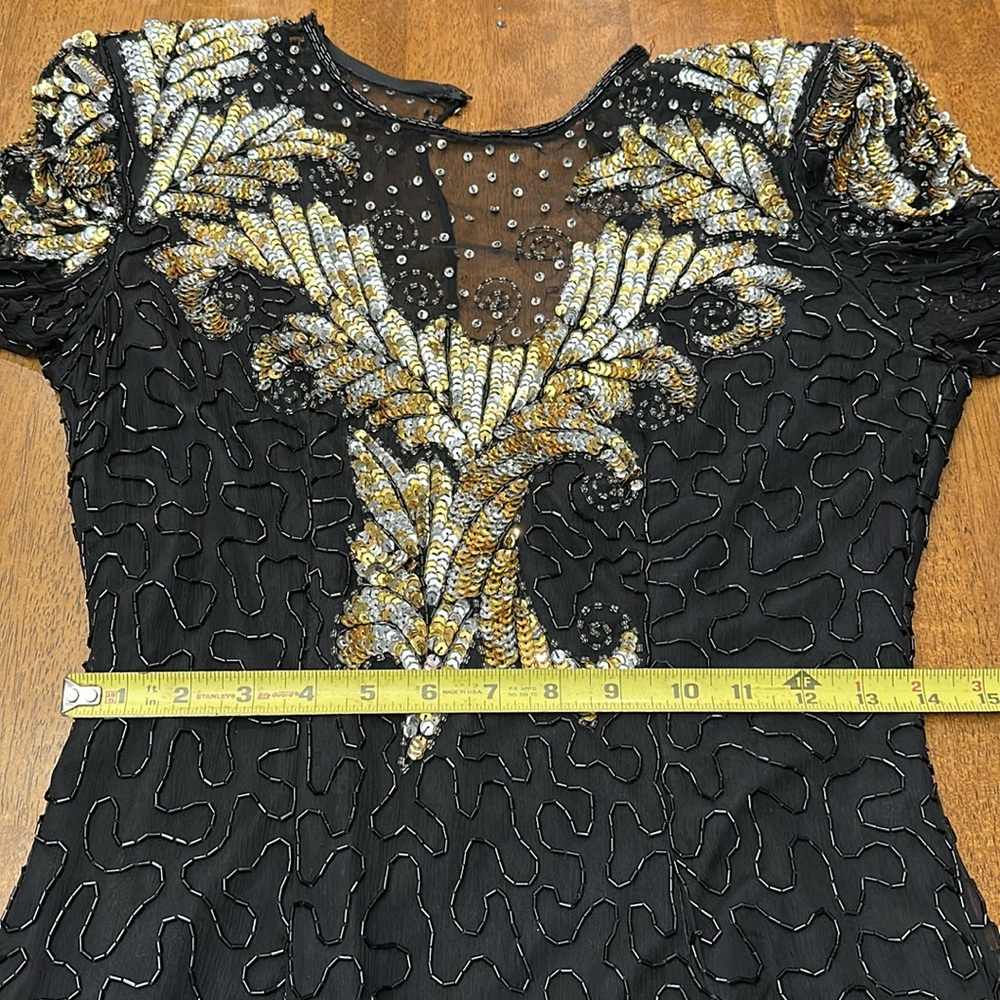 VINTAGE Laurence Kazar Pure Silk Beaded Dress Size Small, Black Gold & Sequin - Picture 15 of 15